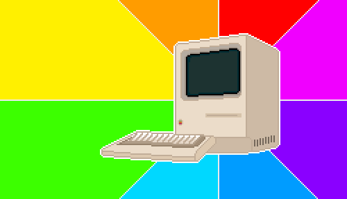 trippy gif of an old-school computer on a psychedelic flashing background