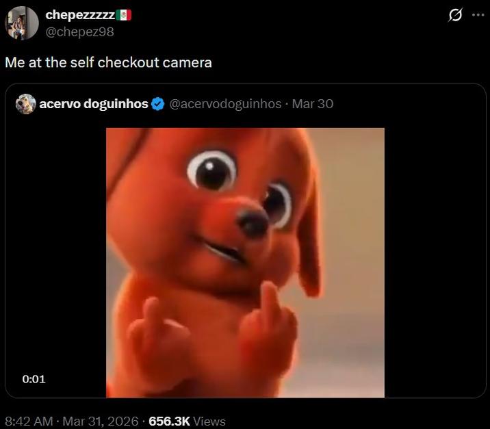 chepezzzzz @chepez98 Me at the self checkout camera acervo doguinhos 0:01 @acervodoguinhos ⚫ Mar 30 8:42 AM · Mar 31, 2026 656.3K Views Q