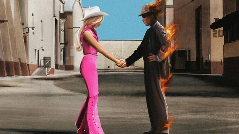 Barbenheimer meme example depicting Barbie and Oppenheimer from the two 2023 movies shaking hands.