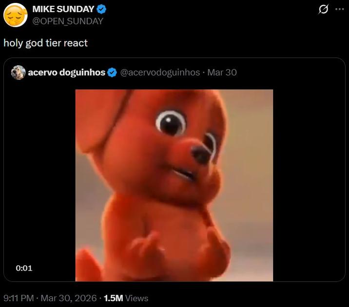 MIKE SUNDAY @OPEN SUNDAY holy god tier react acervo doguinhos @acervodoguinhos Mar 30 . 0:01 9:11 PM Mar 30, 2026 1.5M Views