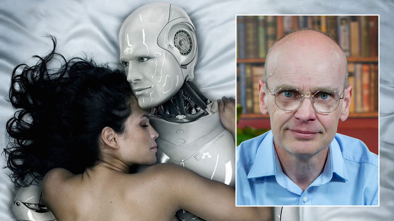The original banner image from The Sun's "Women Will Be Having More Sex With Robots Than Men by 2025" article and a portrait of Dr. Ian Pearson.