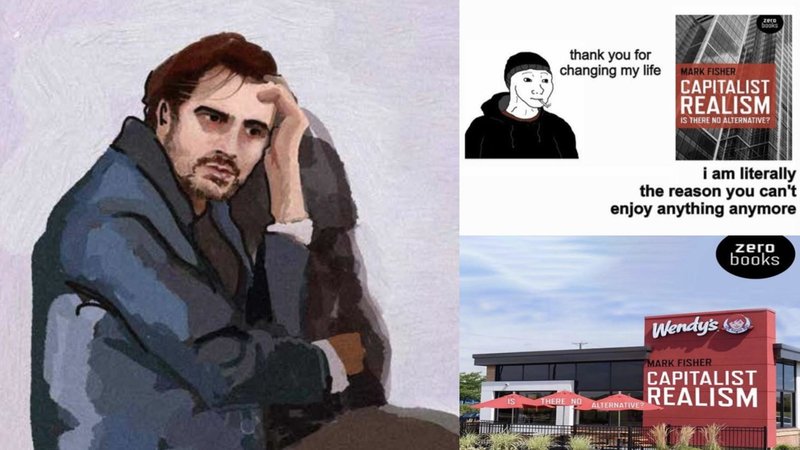 Joshua Citarella, flanked by Capitalist Realism memes