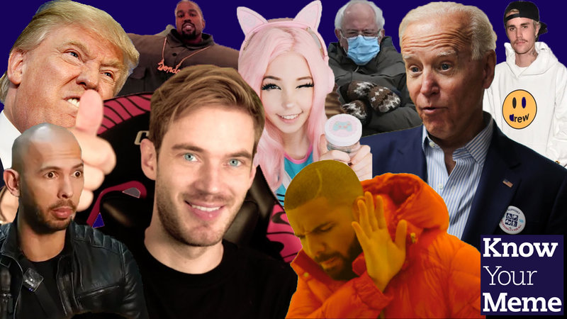 A collection of the most memed people, including (from left to right and bottom-up): Andrew Tate, Donald Trump, Kanye West, Belle Delphine, Bernie Sanders, Joe Biden, Justin Bieber, Drake and PewDiePIe.