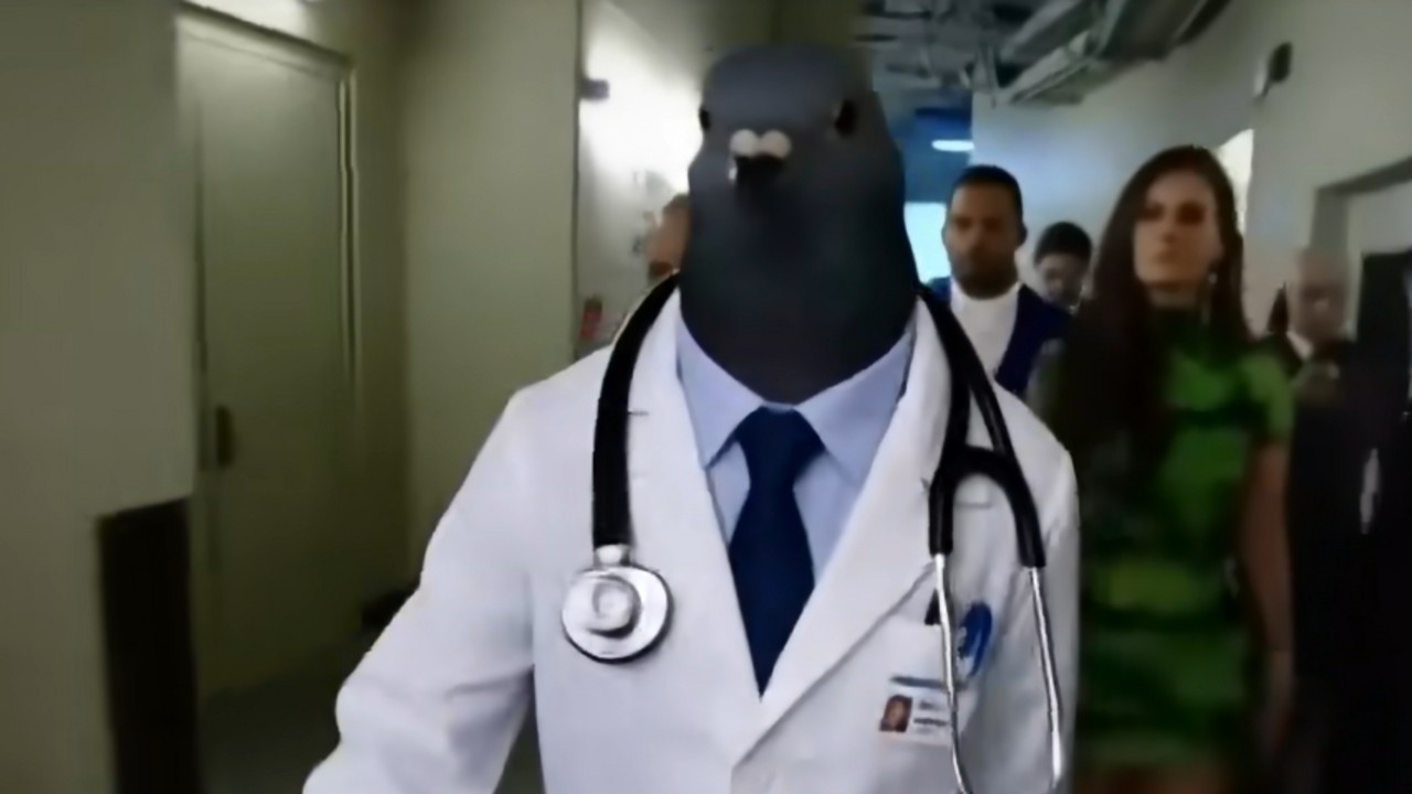AI Pigeon Doctor Walking Down Hallway