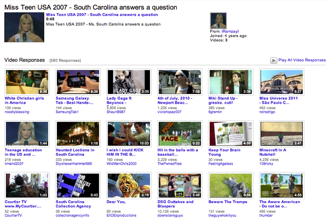 Miss Teen USA 2007 - South Carolina answers a question Miss Teen USA 2007 South Carolina answers a question 0:48 Miss Teen USA 2007 - Ms. South Carolina answers a question From: IRamzayl Joined: 4 years ago Videos: 3 Video Responses (580 Responses) Play All Video Responses 9:36 ADY GAGA 3:38 9:39 7:02 2:39 6:27 White Christian girls in America 139 views Samsung Galaxy Tab Best Hands-... 144 views SamsungTab1 Lady Gaga ft Beyonce 5809 views ShaunB987 4th of July, 2010 Newport Beac... 1,235 views Miki Stand Up- greske. cuti! 385 views Egremin Miss Universe 2011 - São Paulo C... 462 views FACE 1:44 1:16 R Da10:03 0:22 4:55 2:41 Teenage education in the US and 218 views Haunted Loctions In South Carolina 333 views I wish I could KICK HIM IN THE B... 160 views Hit in the balls with a baseball.. 3,229 views Keep Your Brain Young 30 views Minecraft In A Nutshell 4,236 views 108ricky 1:43 0:43 0:18 25 2:46 0:56 4:55 Dear You, Courtier TV www.My Courtier... 52 views CourtierTV South Carolina Collection Agency 39 views DSG Outtakes and Bloopers 10,126 views The Aware American - Do not be o.. 495 views thumdar Beware The Tramps 90 views 131 views