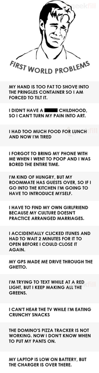 Compiled by "GeekFill":http://www.geekfill.com/2011/06/29/first-world-problems/ based on posts from "Reddit":http://www.reddit.com/r/firstworldproblems (/r/firstworldproblems/).
